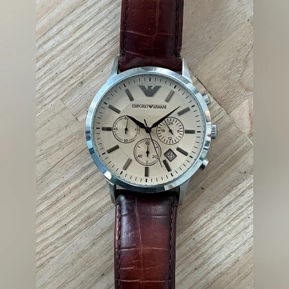 Emporio Armani Chronograph Rare Vintage Men’s Watch Cream Dial Leather Strap